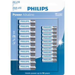 Pilha Philips alcalina do tipo AA e AAA 1.5V com 10 unidades AA + 10 unidades AAA LR036P20BP/59